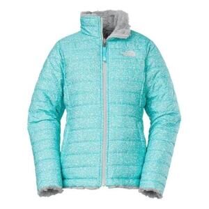 Girls Large North Face Reversible Mossbud Swirl Blue Jacket Y2K Cozy Fleece Coat